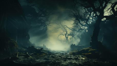 Mysterious Misty Forest in Moonlight wallpaper