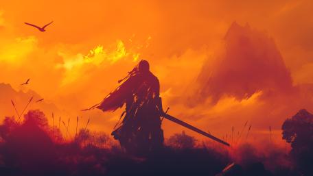 Warrior's Silhouette Amidst Fiery Sunset wallpaper