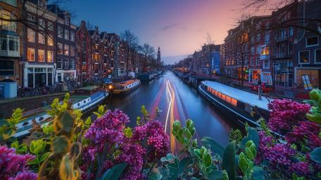 Amsterdam Evening Magic with Lilacs and Canals wallpaper
