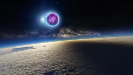 Ethereal Cosmic Horizon with Radiant Celestial Bodies wallpaper