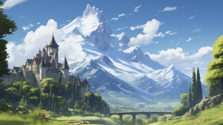 Fantasy Castle Amidst Majestic Mountains wallpaper