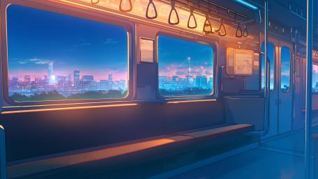 Train View of Vibrant Cityscape at Dusk wallpaper