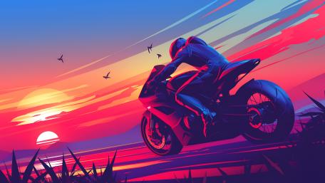 Retrowave Motorcycle Ride into the Sunset wallpaper