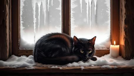 Black Cat in Candlelit Winter Window Scene wallpaper