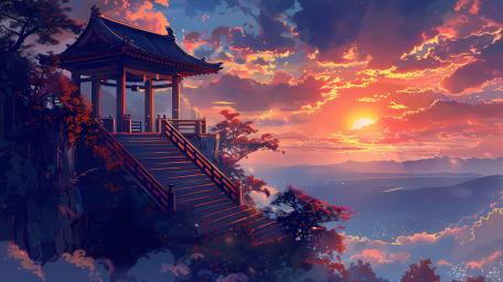 Japanese Sunset Overlook in Anime Art Style wallpaper