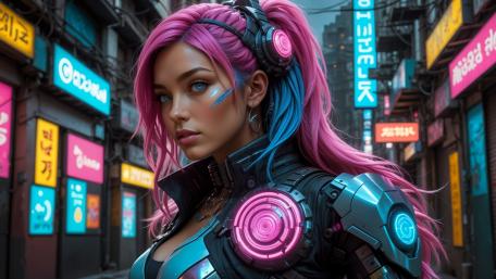A futuristic cyberpunk girl with pink hair wearing tech outfit wallpaper