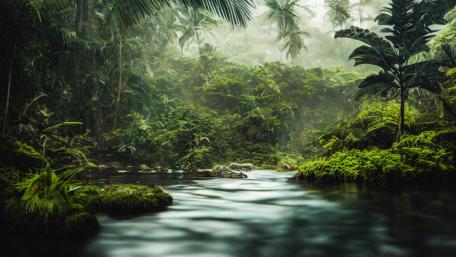 Lush Tropical Forest with Serene Stream wallpaper