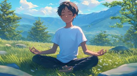 Anime Character in Nature Practicing Mindfulness Meditation wallpaper