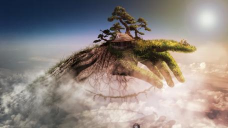 Surreal Floating Hand with Enchanted House wallpaper