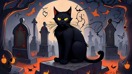 Black Cat’s Enchanted Graveyard Halloween 8K Wallpaper wallpaper