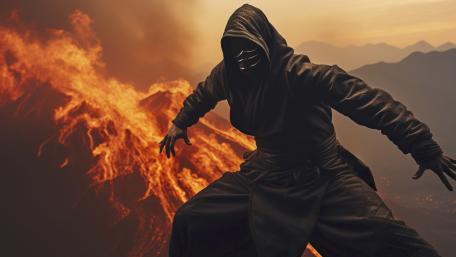 Futuristic Ninja Overlooking Erupting Volcano wallpaper