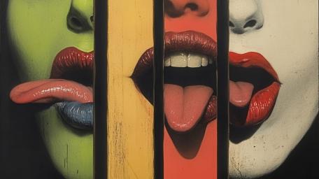 Abstract Expression: Vibrant Lips and Tongues in Artful Stripes wallpaper