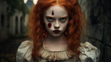 Haunting Gaze of the Creepy Red-Haired Doll wallpaper