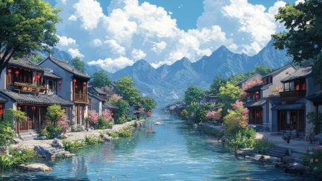 Anime Village in a Serene Mountain Valley wallpaper