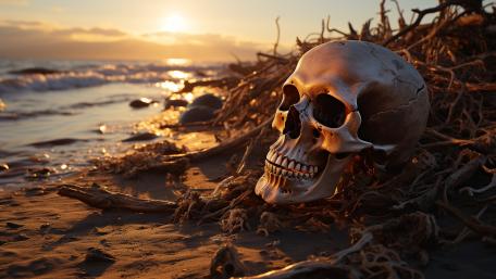 Mystical Skull at Sunset Shoreline wallpaper