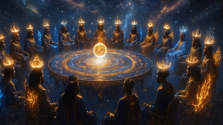 Mystical Cosmic Council Gathering Around Ethereal Orb wallpaper