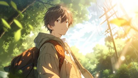 Anime Guy in Sunlit Forest Adventure wallpaper