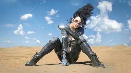 Cyberpunk Wanderer in a Desert Realm wallpaper