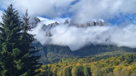 Mountain Peaks Shrouded in Misty Clouds wallpaper