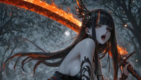 Fiery Blade Warrior in Enchanted Forest wallpaper