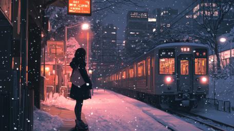 Snowy Night at an Anime Train Station wallpaper