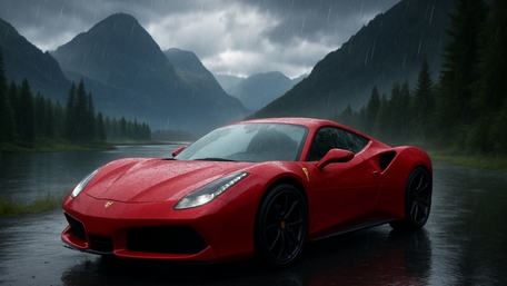Red Ferrari in Rainy Mountain Landscape wallpaper