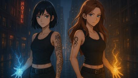 Tattooed Sorceresses in Urban Nightscape wallpaper