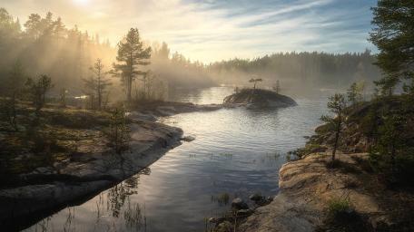 Misty Autumn River Scene with Islet Glow wallpaper