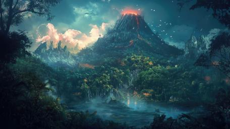 Fiery Peaks and Mystical Realms wallpaper