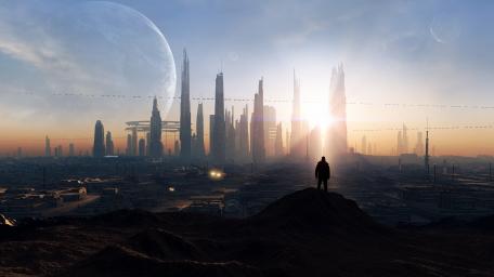 Futuristic Metropolis at Dawn in Sci-Fi Art wallpaper