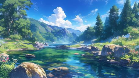 Serene Anime River Landscape wallpaper