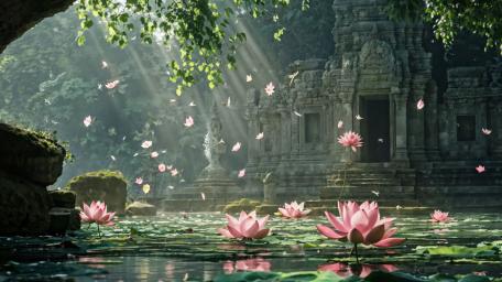 Mystical Lotus Sanctuary in Enchanted Ruins wallpaper