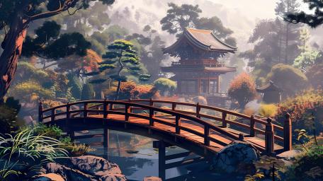 Serene Japanese Garden with Pagoda and Bridge wallpaper