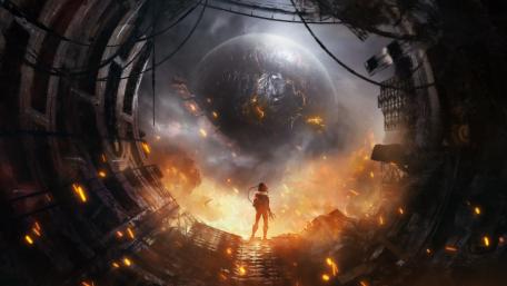 Futuristic Warrior Amidst Cosmic Chaos wallpaper
