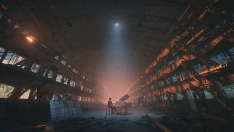 Melody of the Forgotten Chamber: Cyborg's Symphonic Elegy in Ruins wallpaper