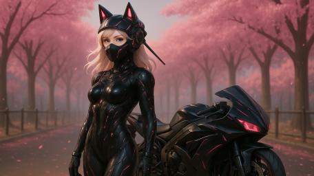 Futuristic Biker Under Cherry Blossoms at Night wallpaper