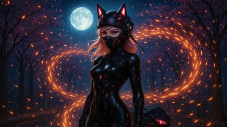 Sci-Fi Night Adventure with Catwoman and Kitsune Charm wallpaper