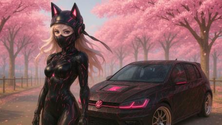 Feline Futurism Amid Cherry Blossoms: A Neon Night Adventure wallpaper