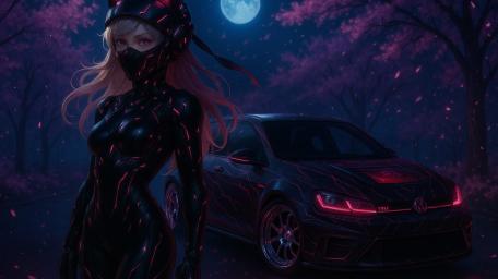 Cyberpunk Dream with Feline Warrior and Glowing Ride wallpaper