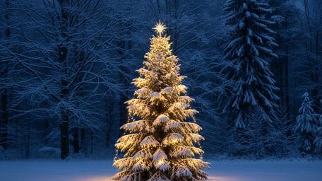 Glowing Christmas Tree in Snowy Forest Scene wallpaper