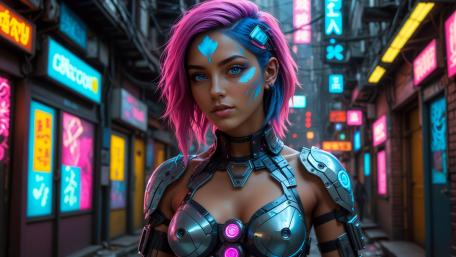 A cyberpunk pink hair girl wearing tech outfit in a futuristic street looks stunning wallpaper