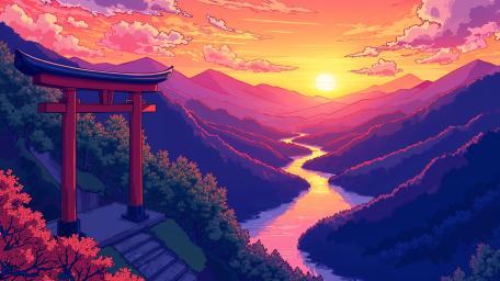 Serene Sunset Over Oriental Landscape wallpaper