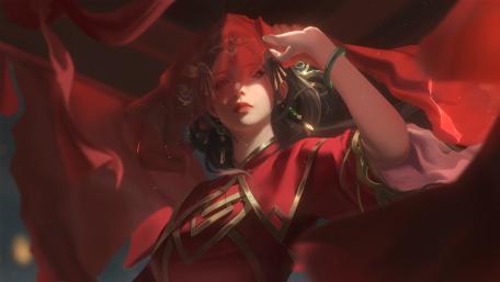 Mystical Beauty in Flowing Red Fabric wallpaper