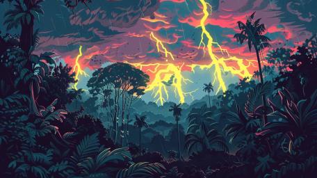 Vibrant Jungle with Lightning Strikes wallpaper