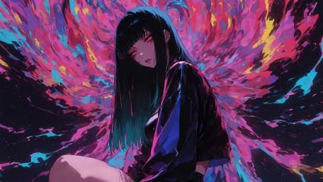 Vibrant Anime Girl Surrounded by Colorful Chaos wallpaper