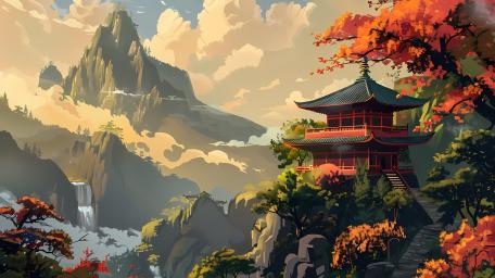 Mystical Oriental Landscape in Digital Splendor wallpaper
