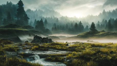 Misty Forest Wilderness at Dawn wallpaper