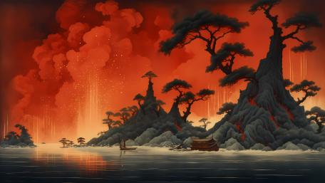 Fiery Fantasy Landscape with Mystical Elements wallpaper