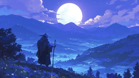 Wanderer's Moonlit Journey in Anime Style wallpaper