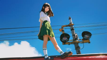 Dreamy Anime Schoolgirl under a Clear Blue Sky wallpaper